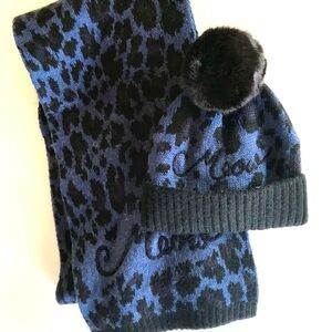 Kate Spade Poms Blue Beanie Hat Leopard Meow and Matching Scarf.